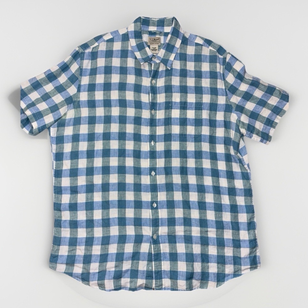 LL Bean‎ Mens XL Slightly Fitted Linen Plaid Button Up Short Sleeve Shirt 501962